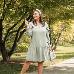 NWT The Drop Sz M Emerson Casual Ruffle Drop Waist Cottagecore‎ Dress in Sage